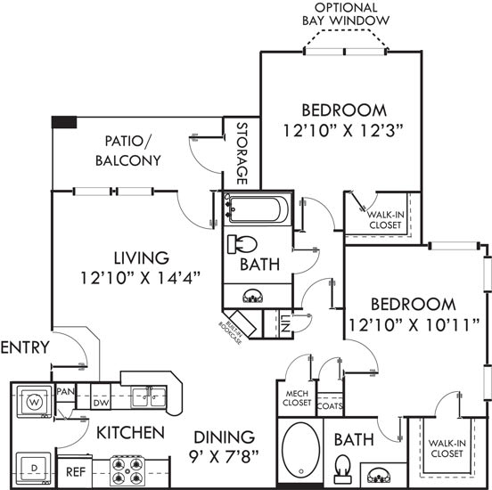 A floor plan of a home with a living room, two bedrooms, a patio, a kitchen, and a dining area.