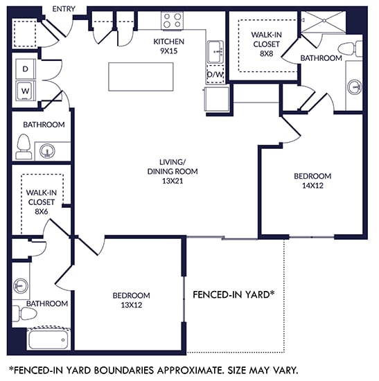2 bedroom 2.5 bath floorplan with L-shaped Kitchen and island. one bathroom has a tub/shower and the other has a standalone shower. Walk-in closets. W/D. Fenced-in Yard