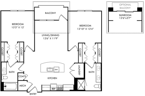 2 bedroom 2 bath floorplan. entry open to kitchen with island. Mech closet and coat closet at entry. laundry room in kitchen. bedrooms on opposite sides of floorplan. both with walk-in closets. Primary bathroom has double vanity and walk-in shower. Balcony off of living room. optional sunroom instead of large balcony with optional small balcony.