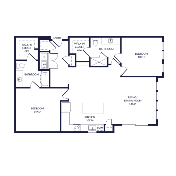 2 Bedroom 2 bath floorplan with L-shaped kitchen, pantry, w/d. one bathroom has a tub/shower while the other is a standalone shower. Walk-in closets.