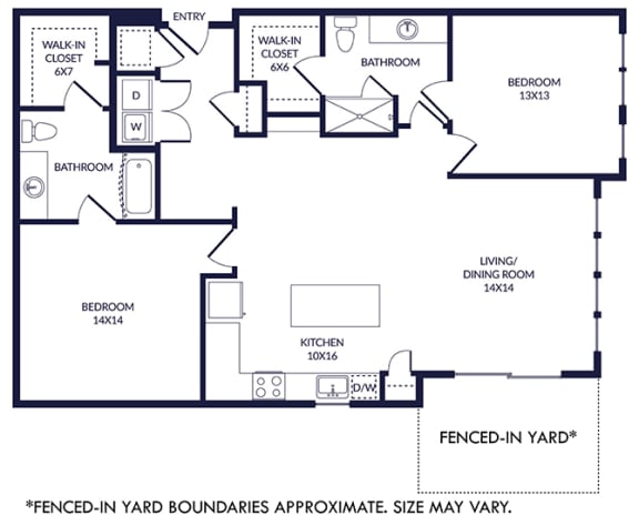 2 Bedroom 2 bath floorplan with L-shaped kitchen, pantry, w/d. one bathroom has a tub/shower while the other is a standalone shower. Walk-in closets. Fenced-in Yard.