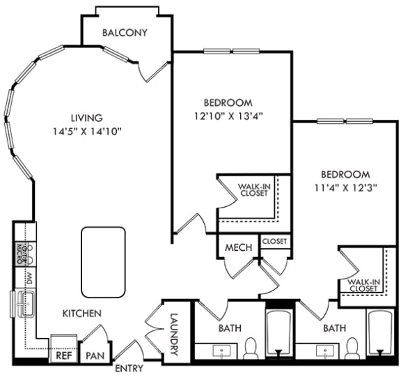2 bedroom 2 bath floorplan. entry opens to l-shaped kitchen with island overlooking circular living room with windows reaching the ceiling. balcony off of living area.