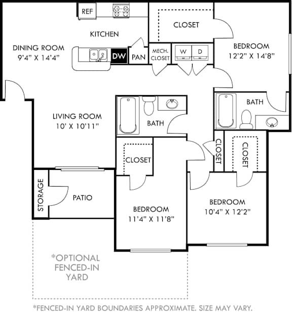 A floor plan of a house with a living room, dining room, kitchen, and two bedrooms.