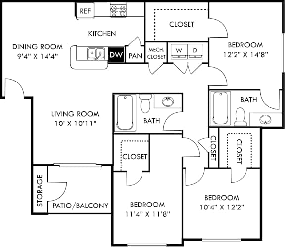 A floor plan of a house with a living room, dining room, kitchen, and three bedrooms.