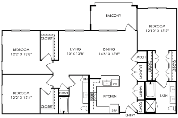3 bedroom 2 bath floorplan. entry opens to u-shaped kitchen with peninsula overlooking dining and living area. Large pantry with shelving. bedrooms with walk-in closets. primary bath has double sink vanity with standalone shower and bathtub.