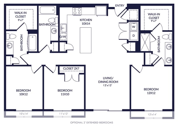 3 Bedroom 3 bath floorplan with L-shaped kitchen, pantry, w/d. two bathrooms have a tub/shower while the other is a standalone shower. Walk-in closets.  optional 2' extended bedrooms