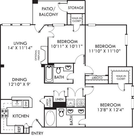 A floor plan of a house with a living room, two bedrooms, a dining room, a kitchen, and a patio/balcony.