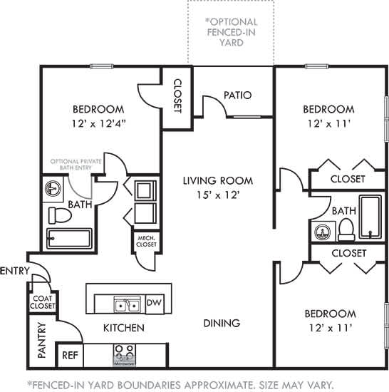 A black and white image of a house floor plan with a pantry, two bedrooms, a living room, a dining area, a kitchen, and an optional fenced-in yard.