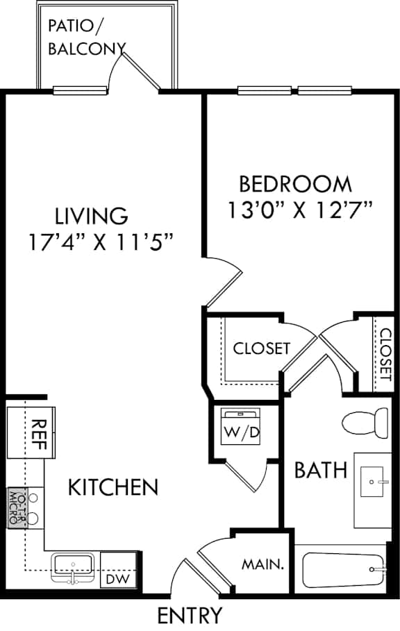 A floor plan of a home with a living room, kitchen, bathroom, and bedroom.