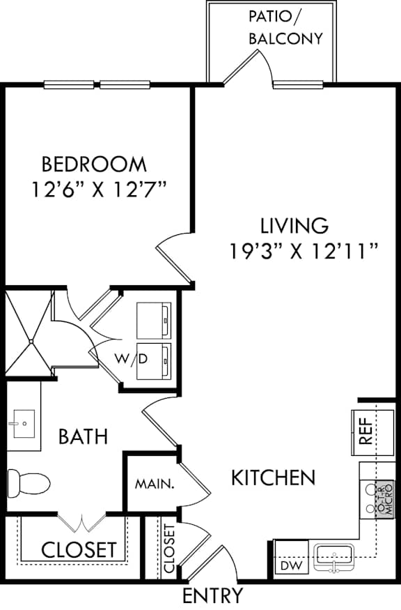 A black and white image of a floor plan for a home with a bedroom, bathroom, kitchen, living room, and closet.