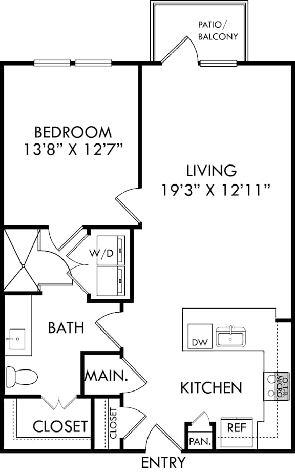 A black and white image of a floor plan for a home with a bedroom, living room, kitchen, bathroom, and closet.