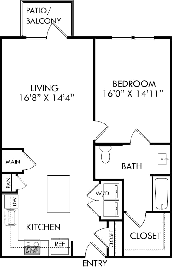 A black and white image of a floor plan for a home with a living room, kitchen, bedroom, bathroom, and closet.