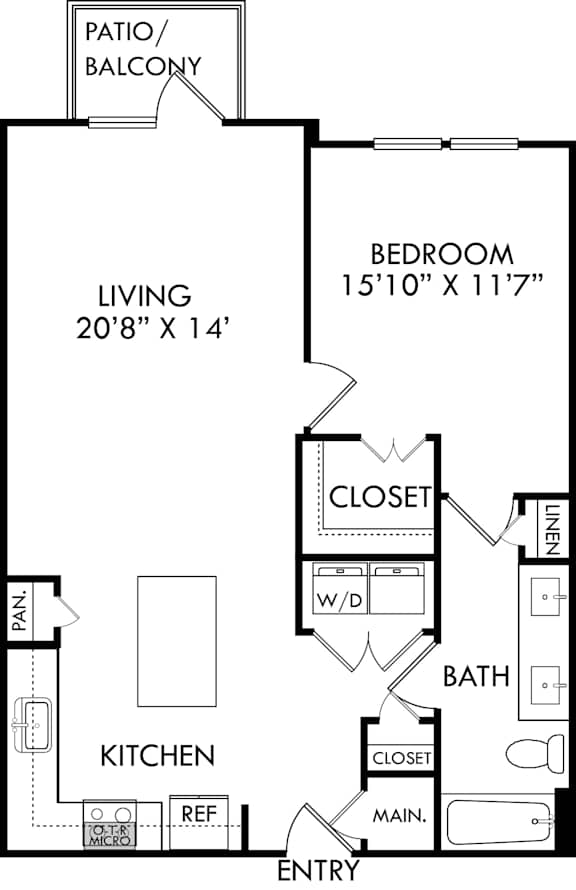 A floor plan of a small apartment with a living room, bedroom, kitchen, and bathroom.