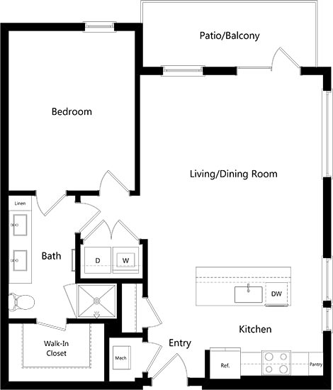 1 bedroom floorplan with kitchen and island sink/dw. full size washer dryer. Living/dining area. Double sink vanity with standalone shower. Walk-in closet.