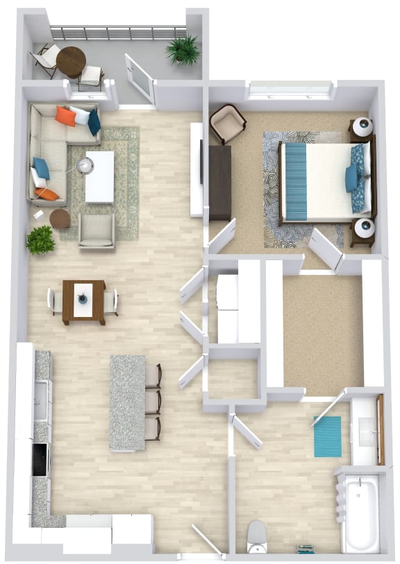 1 bedroom 1 bath Hartman floorplan. l-shaped kitchen with island overlooking dining/living area. laundry closet off of dining area. bathroom with dual access. large walk-in closet. balcony or patio access off of living room.