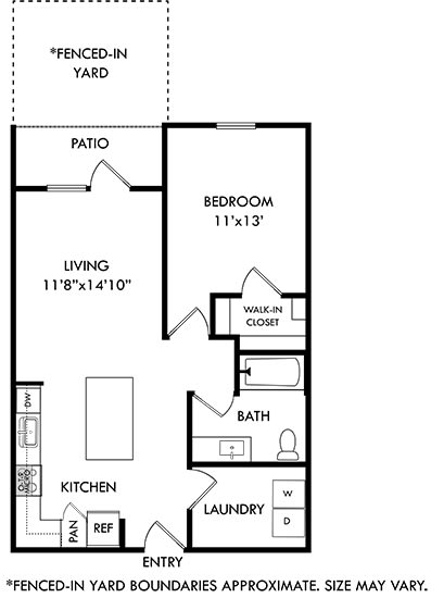 the 1 bedroom 1 bath barkley floorplan. entry opens into kitchen area with l-shaped kitchen and island. overlooking living area and entrance to patio with fenced-in yard. bedroom has walk in closet. full size washer/dryer in laundry room. bathroom has garden style tub.