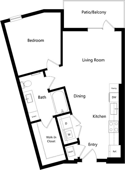 1 bedroom floorplan with fill size w/d kitchen with pantry. living/dining area. bedroom and full bath with walk-in closet.