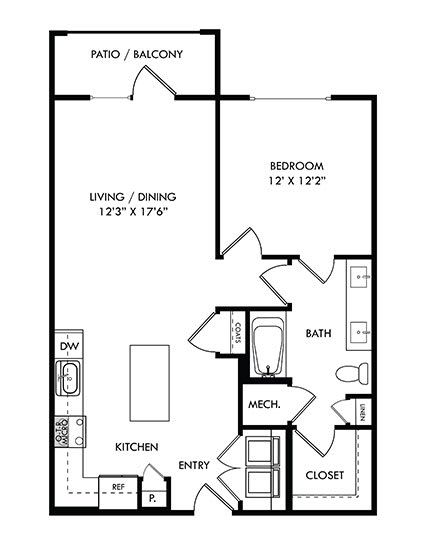 1 bedroom 1 bath Hall floorplan. l-shaped kitchen with island overlooking dining and living area. dual sink vanity with guest entrance. large walk in closet. w/d closet at entrance. Balcony or patio entrance off of living.