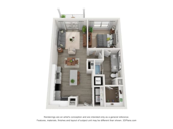 1 bedroom 1 bath Hall floorplan. l-shaped kitchen with island overlooking dining and living area. dual sink vanity with guest entrance. large walk in closet. w/d closet at entrance. Balcony or patio entrance off of living.
