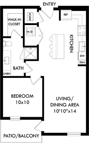 The Laurel 1 bedroom apartment. Kitchen with island open to living room. full bathroom. Walk-in closet. Patio/balcony.
