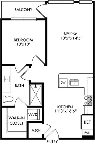 1 bedroom 1 bath floorplan. Entry opens into kitchen with peninsula couters overlooking the living area.  Entrance to bedroom from the living room. Bathroom access available from living as well as bedroom. Walk-in closet with stackable washer/dryer. Balcony off of living room