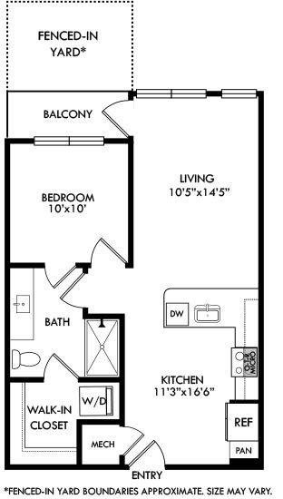 1 bedroom 1 bath floorplan. Entry opens into kitchen with peninsula couters overlooking the living area.  Entrance to bedroom from the living room. Bathroom access available from living as well as bedroom. Walk-in closet with stackable washer/dryer. Patio off of living room