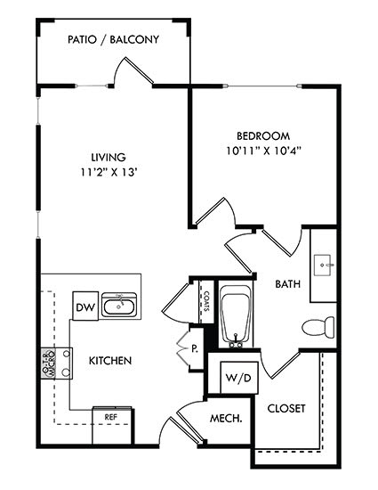1 bedroom 1 bath pikes peak floorplan with u shaped kitchen overlooking the living room. Dual access bathroom with washer/dryer in closet. pantry located in kitchen. Patio or balcony access.