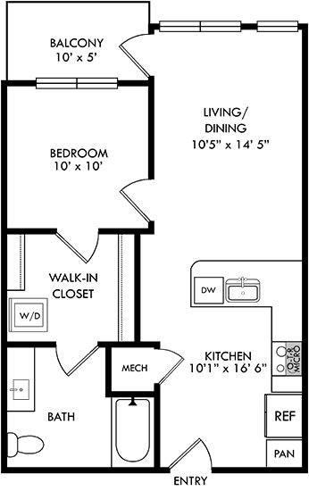 1 bedroom floorplan with entrance open to kitchen with l-shaped countertops overlooking living area. Entrance to bedroom off of living. Walk-in closet with stackable washer/dryer that leads to private bath. Entrance to balcony off of living