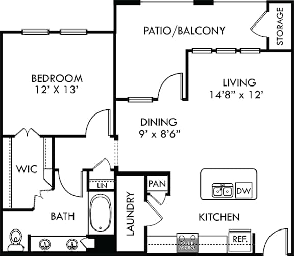 A black and white image of a floor plan for a home with a bedroom, living room, dining room, kitchen, bathroom, and laundry space.