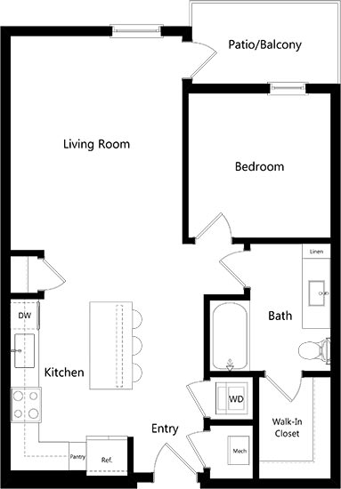 1 bedroom floorplan with l-shaped kitchen and island. Pantry closet. living/dining area. full bath with tub and walk-in closet. stackable W/D.