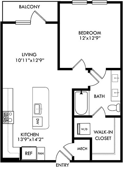 1 bedroom floorplan with entrance open to kitchen with l-shaped countertops and island. Open to living area and balcony. Bedroom off of living with entrance to bath. guest entrance to bath from living. Walk-in closet through the bathroom with stackable washer/dryer