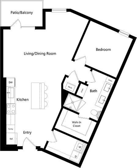 1 bedroom floorplan with large laundry room. Kitchen with island. living/dining area. bath with standalone shower. Large Walk-in closet.