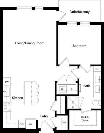 1 bedroom floorplan with L-shaped kitchen with island and pantry. Living/dining area. Full size w/d. Bathroom with double sink vanity and standalone shower. Walk-in closet