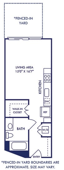 a studio apartment with an entry bench. stackable washer and dryer. Kitchen runs along the back side wall of the apartment with the living and sleeping area along the other side. Walk-in closet and bathroom with garden soaking tub. sliding rear door to patio and Fenced-in yard