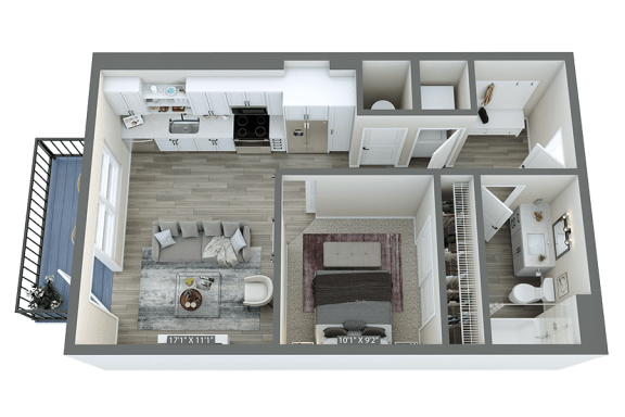 a 3d floor plan of a house with a bedroom and a living room