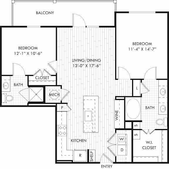 A black and white image of a floor plan for a home with a balcony, two bedrooms, a living/dining area, a kitchen, two bathrooms, a wine area, and an entry.