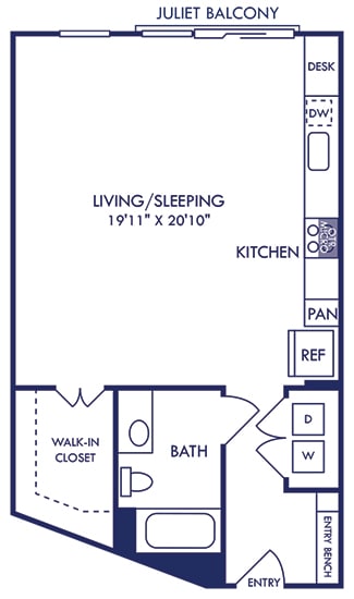 a studio apartment with an entry bench. stackable washer and dryer. Kitchen runs along the back side wall of the apartment with the living and sleeping area along the other side. Walk-in closet and bathroom with garden soaking tub. Juliet balcony access.