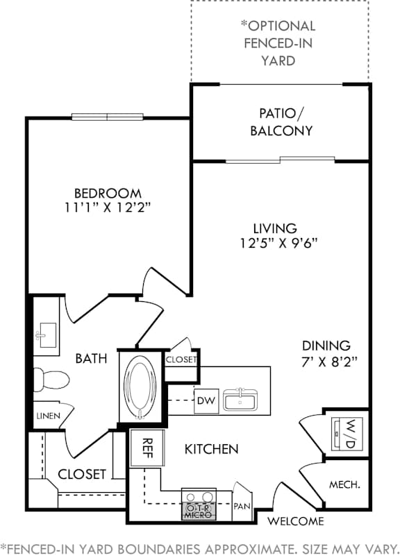 A floor plan of a small apartment with a bedroom, bathroom, kitchen, and living room.