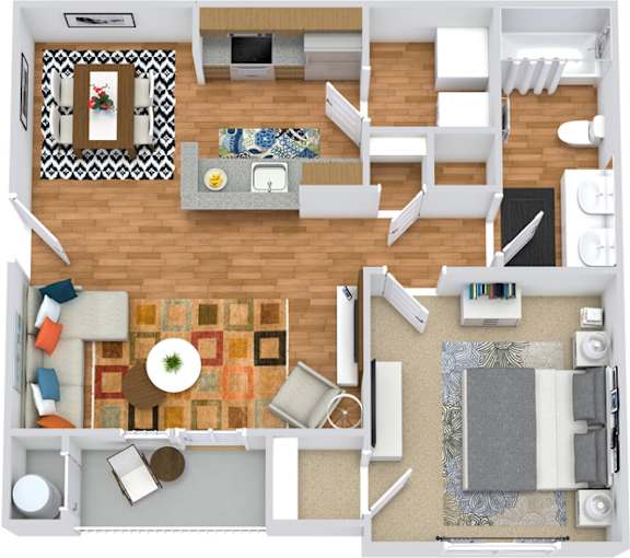 A top-down view of a living room with a couch, coffee table, and rug.