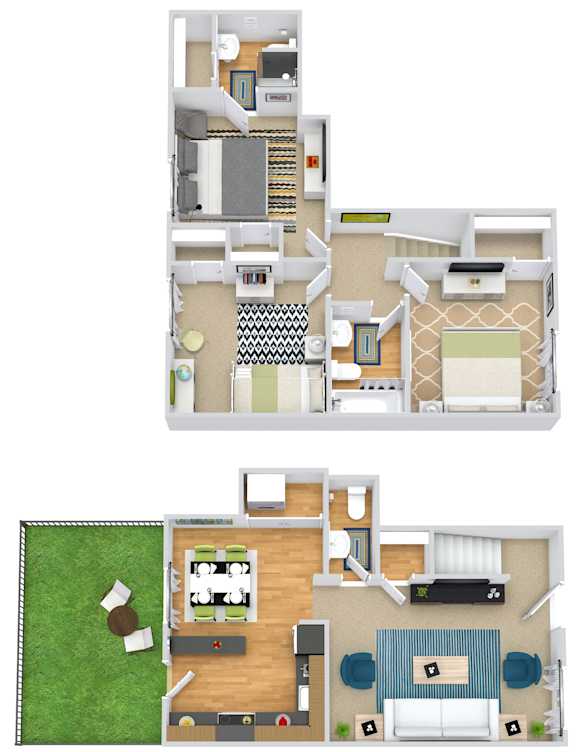 A floor plan of a house with two bedrooms, a living room, a kitchen, and a bathroom.