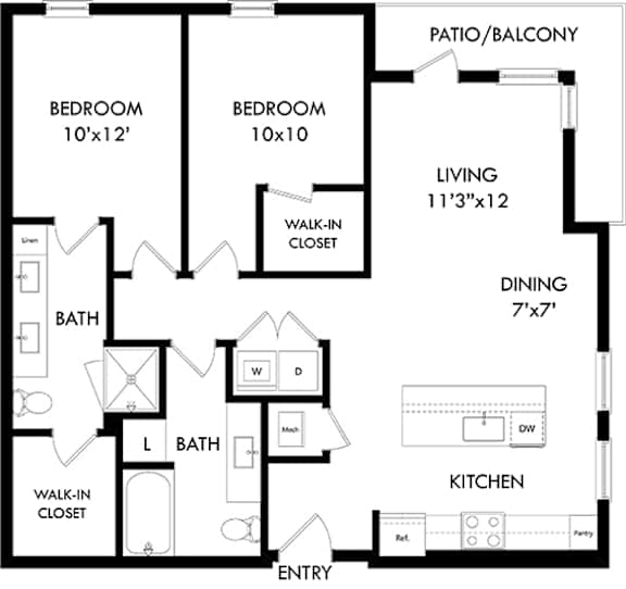 A black and white image of a house floor plan with two bedrooms, a living room, a dining room, a kitchen, two bathrooms, and a patio/balcony.