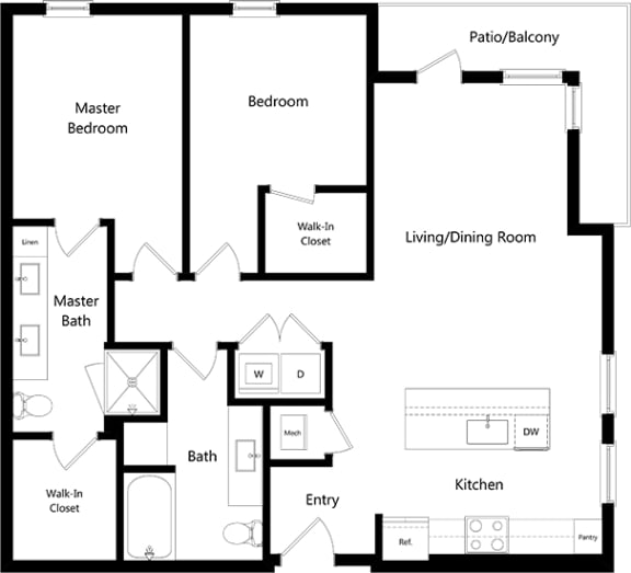 3 bedroom 2 bath floorplan. kitchen with island sink/dw. living/dining area. full size w/d. double sink vanity and standalone shower in the primary bath. walk-in closets.