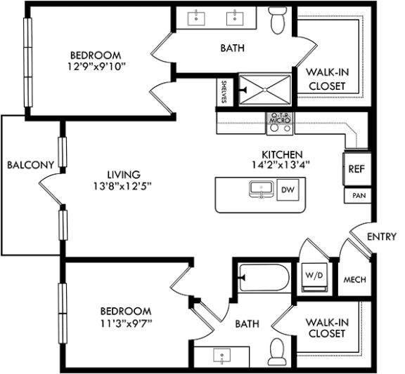 2 bedroom floorplan. entrance opens to stackable washer/dryer closet and l-shaped kitchen with island. Large living space. Bedrooms on opposite sides of floorplan. primary bath has double sink vanity, standalone shower and and walk-in closet. Other bedroom has guest bath and walk-in closet