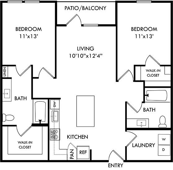 the 2 bedroom 2 bath hickory floorplan. entrance opens to l-shaped kitchen with island that overlooks the living area and entrance to patio/balcony. bedrooms on either side of the floorplan. Walk-in closets in each bedroom. guest access to secondary bathroom off of living area.