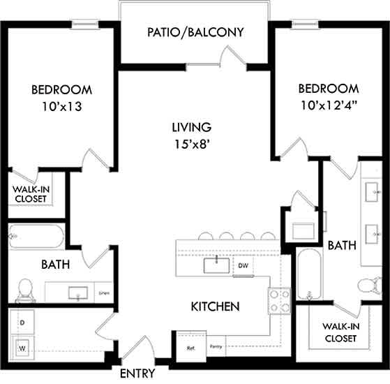 A black and white image of a house floor plan with two bedrooms, a living room, a kitchen, two bathrooms, a patio/balcony, and an entry.