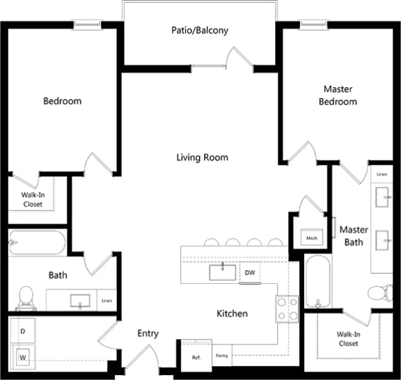 2 bedroom 2 bath floorplan with u-shaped kitchen with peninsula sink/dw. overlooking the living/dining area. bedrooms on opposite sides. primary bath with double sink vanity. walk-in closets. full size w/d.