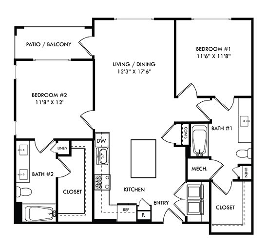 2 bedroom 2 bath Priestly floorplan. entry into l-shaped kitchen with island overlooking dining and living area. bedrooms on opposite sides of floorplan. secondary bathroom has dual guest access. Large walk-in closets for each bedroom. Balcony/patio access off of primary bedroom and living area.