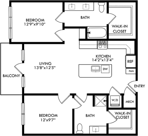2 Bedroom 2 bath floorplan with L-shaped kitchen, pantry, w/d. one bathroom has a tub/shower while the other is a standalone shower. Bedrooms on opposite sides of the floorplan. Walk-in closets. balcony off of living area.