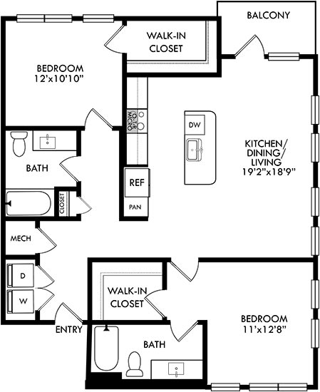 2 bedroom 2 bath floorplan. entrance opens to full size washer/dryer closet. round the corner to the kitchen with island that overlooks the dining and living area. One bedroom off of living area with walk-in closet and bath. guest bedroom down the hall behind the kitchen area. hall also leads to guest bath. Balcony access from living room.