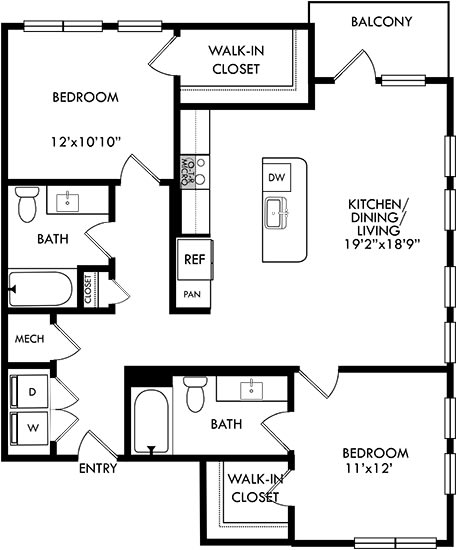 2 bedroom 2 bath floorplan. entrance opens to full size washer/dryer closet. round the corner to the kitchen with island that overlooks the dining and living area. One bedroom off of living area with walk-in closet and bath. guest bedroom down the hall behind the kitchen area. hall also leads to guest bath. Balcony access from living room.